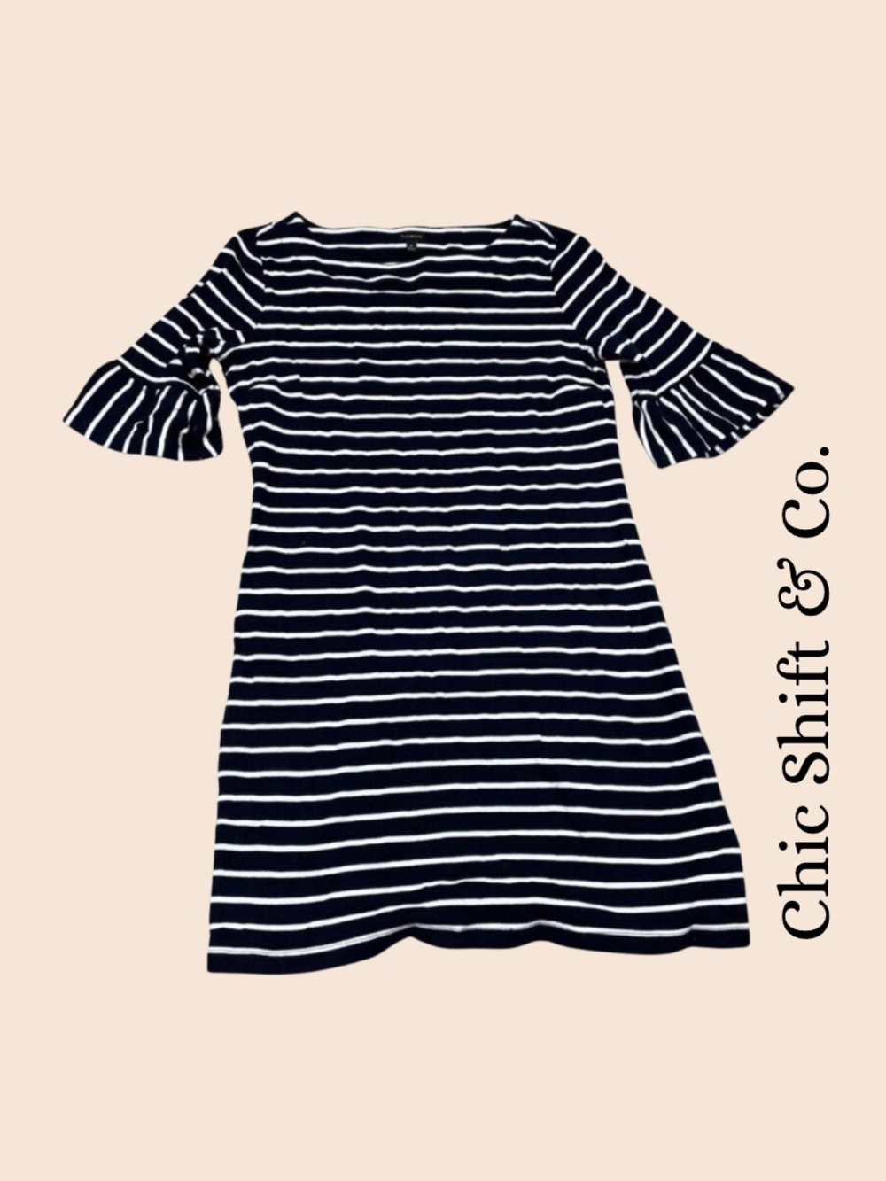 Talbots Navy & White Striped Bell Sleeve Dress M 6356